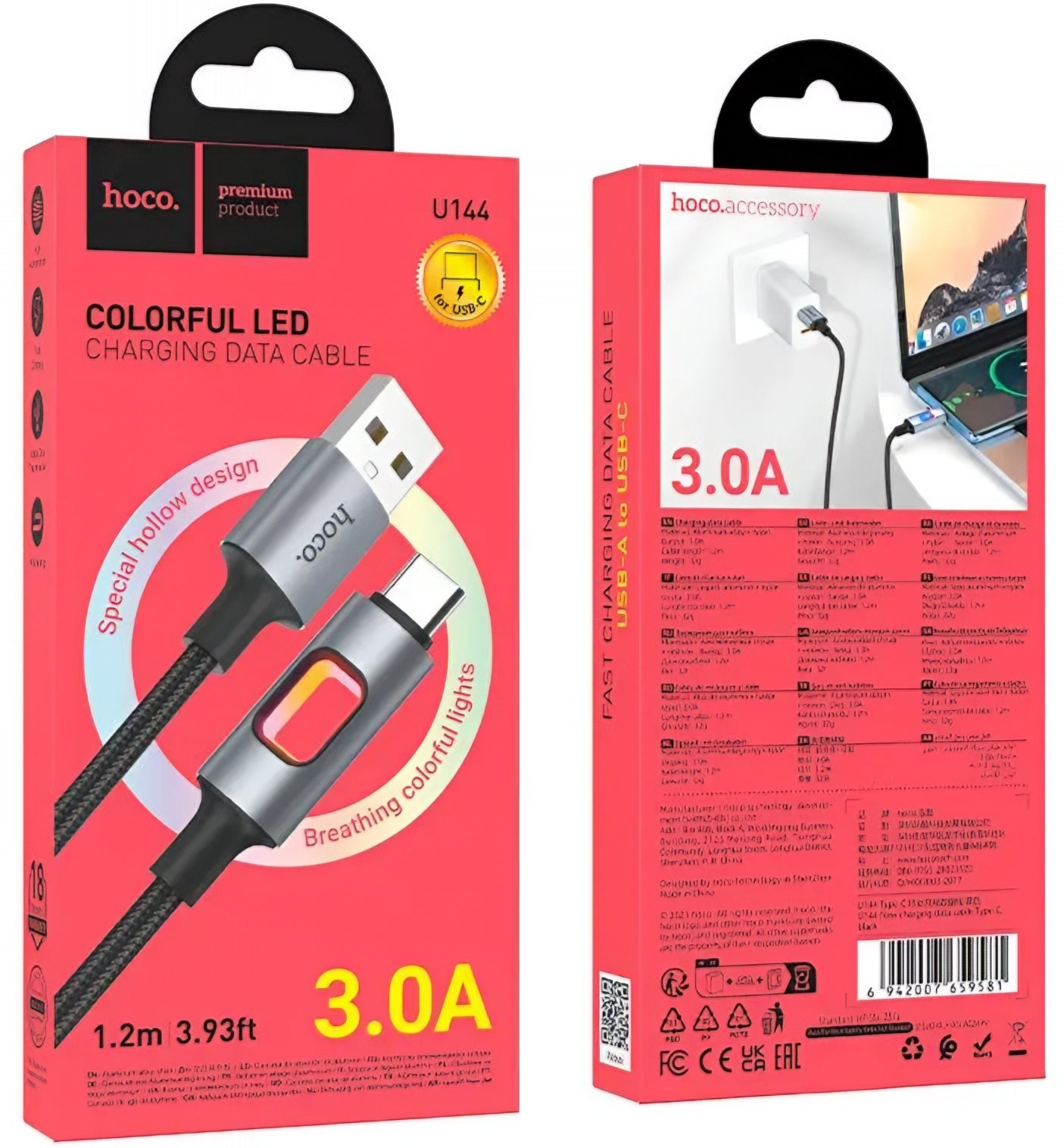 Kabl za prenos podataka i punjenje USB-A - USB-C HOCO U144 Led, 18W, 1.2m, Crni