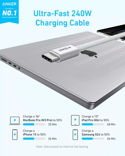 Kabl za prenos podataka i punjenje USB-C - USB-C Anker Zolo, 240W, 1.8m, Beli A8060H22
