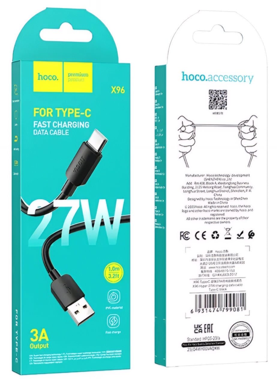 Kabl za prenos podataka i punjenje USB-A - USB-C HOCO X96, 27W, 1m, Crni
