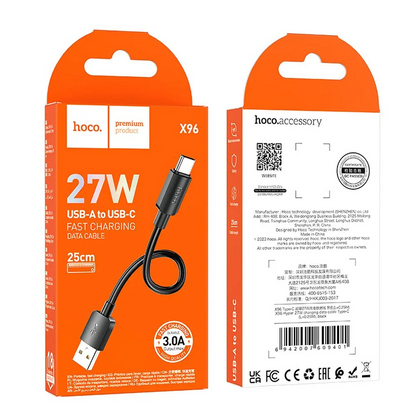 Kabl za prenos podataka i punjenje USB-A - USB-C HOCO X96, 27W, 0.25m, Crni