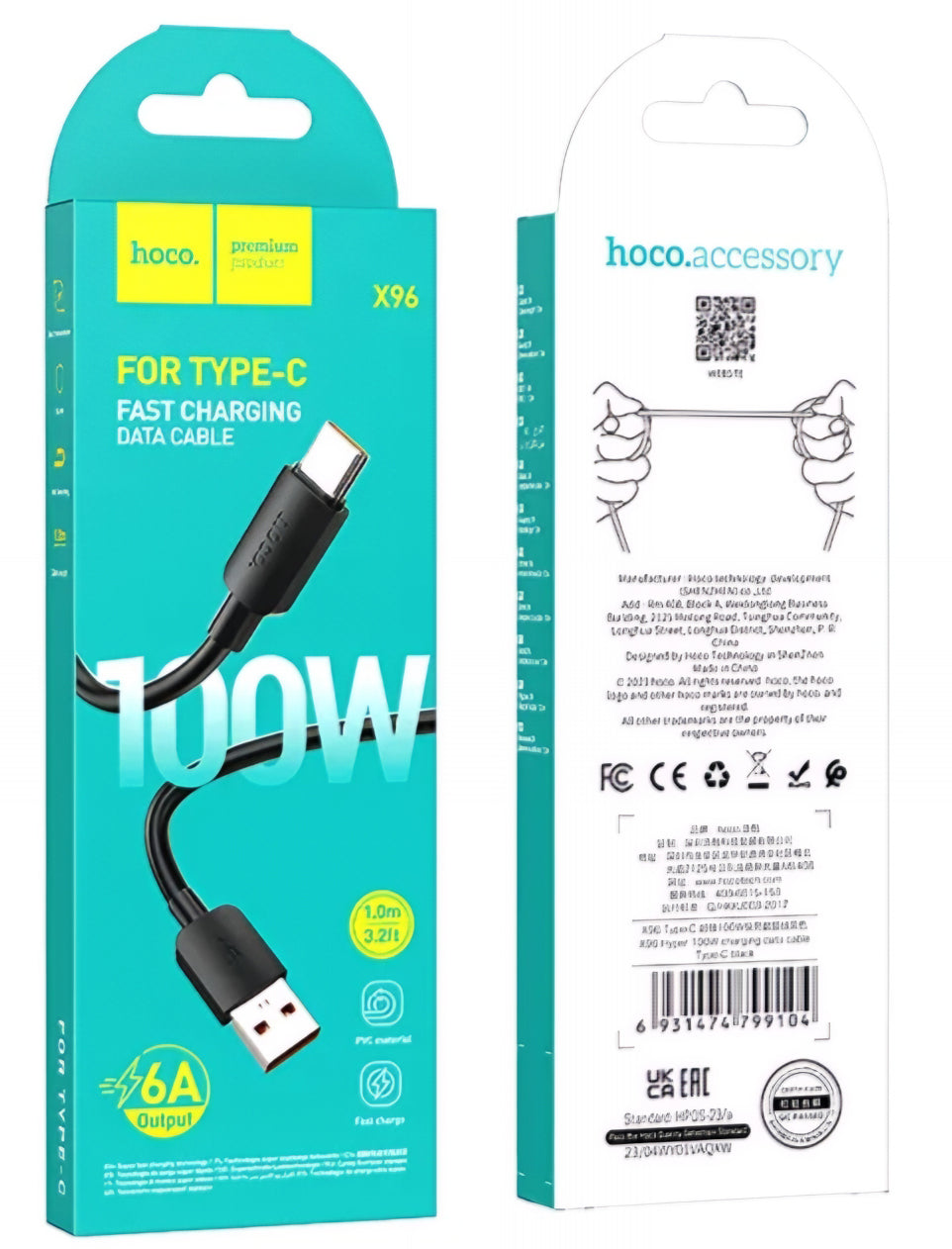 Kabl za Prenos Podataka i Punjenje USB-A - USB-C HOCO X96, 100W, 1m, Crni