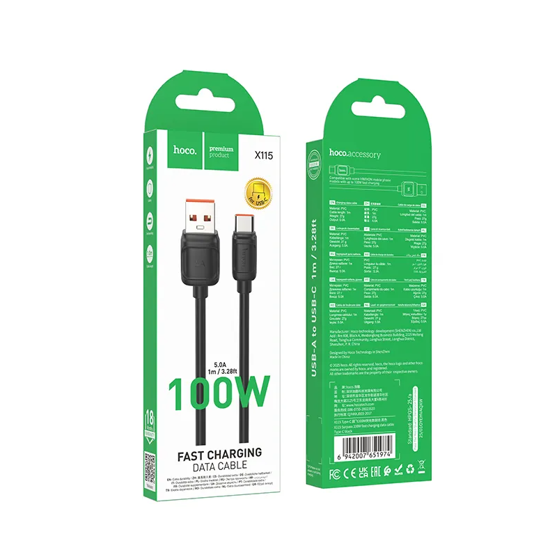 Kabl za prenos podataka i punjenje USB-A - USB-C HOCO X115, 100W, 1m, Crni