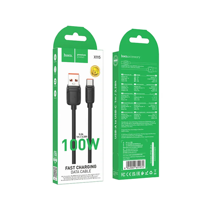 Kabl za prenos podataka i punjenje USB-A - USB-C HOCO X115, 100W, 1m, Crni