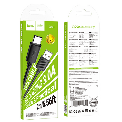 USB-A - USB-C HOCO X88 kabl za prenos podataka i punjenje, 18W, 2m, Crna