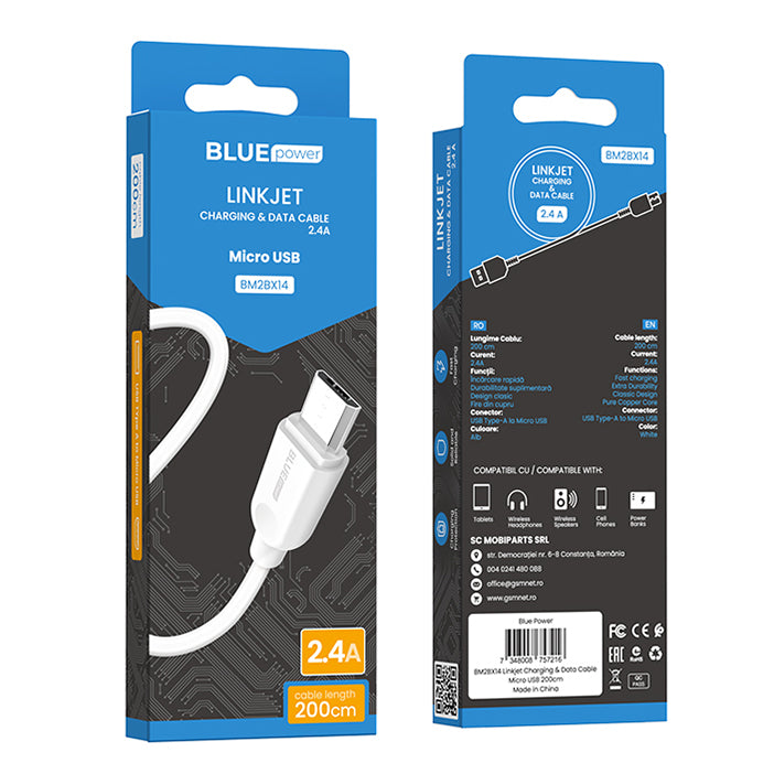 Kabel za Prijenos Podataka i Punjenje USB-A - microUSB BLUE Power BM2BX14 LinkJet, 18W, 2m, Bijeli