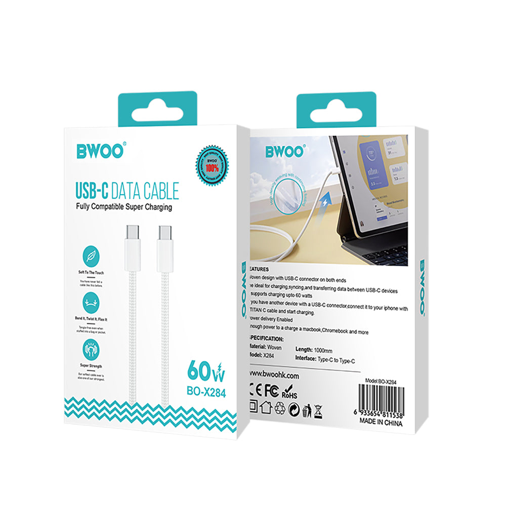 Kabl za prenos podataka i punjenje USB-C - USB-C BWOO BO-X284, 60W, 1m, Bela