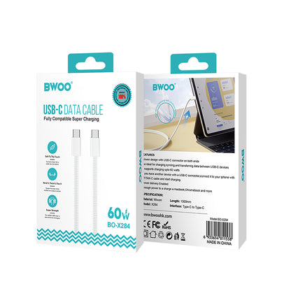 Kabl za prenos podataka i punjenje USB-C - USB-C BWOO BO-X284, 60W, 1m, Bela