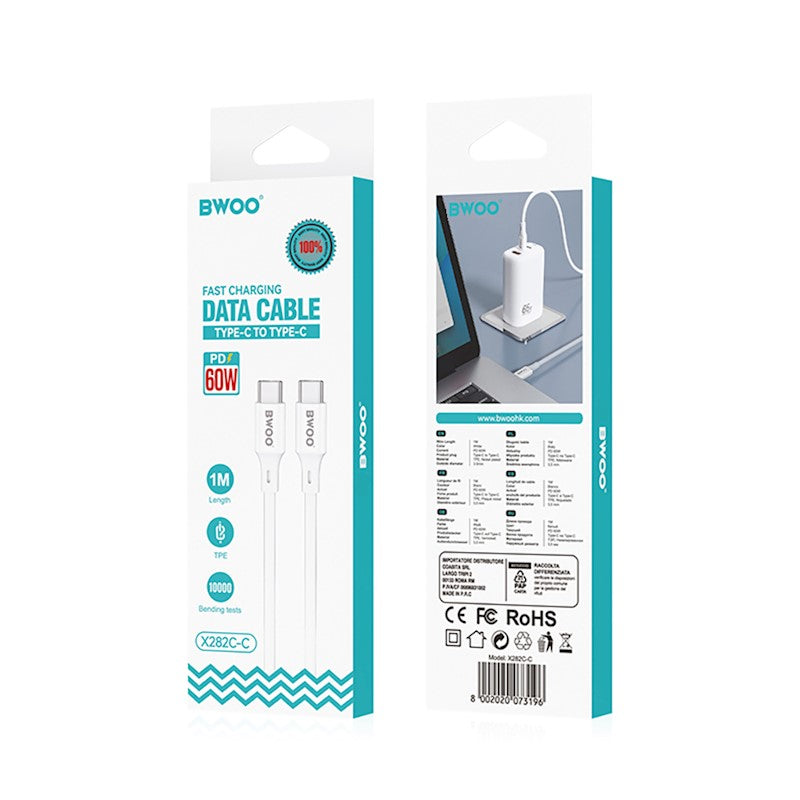 Kabl za podatke i punjenje USB-C - USB-C BWOO X282, 60W, 1m, Bela