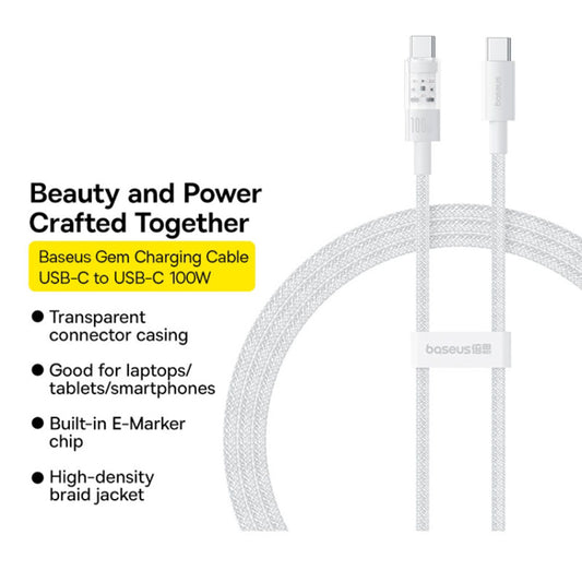 Kabl za prenos podataka i punjenje USB-C - USB-C Baseus Gem, 100W, 2m, Beli P10373000211-01