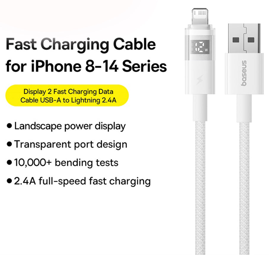 Kabl za prenos podataka i punjenje USB-A - Lightning Baseus Display 2, 18W, 2m, Beli P10382700211-01
