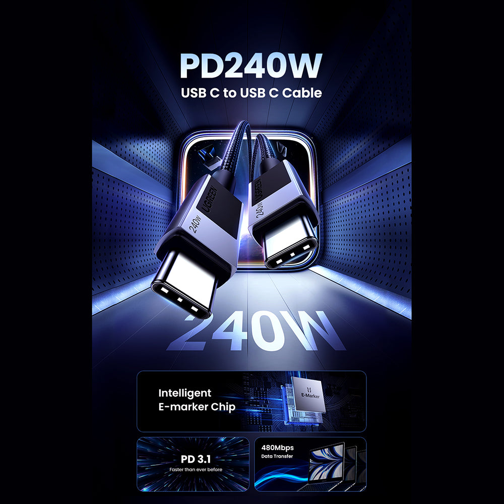 Kabl za Prenos Podataka i Punjenje USB-C - USB-C UGREEN L513, 240W, 2m, Crni
