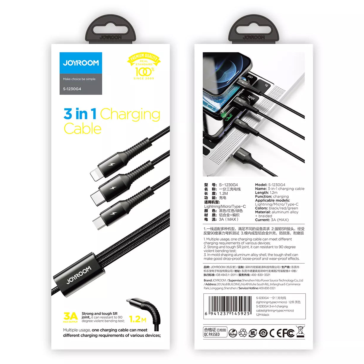 USB-A - Lightning / microUSB / USB-C Charging Cable Joyroom S-1230G4 3in1, 20W, 1.2m, Black