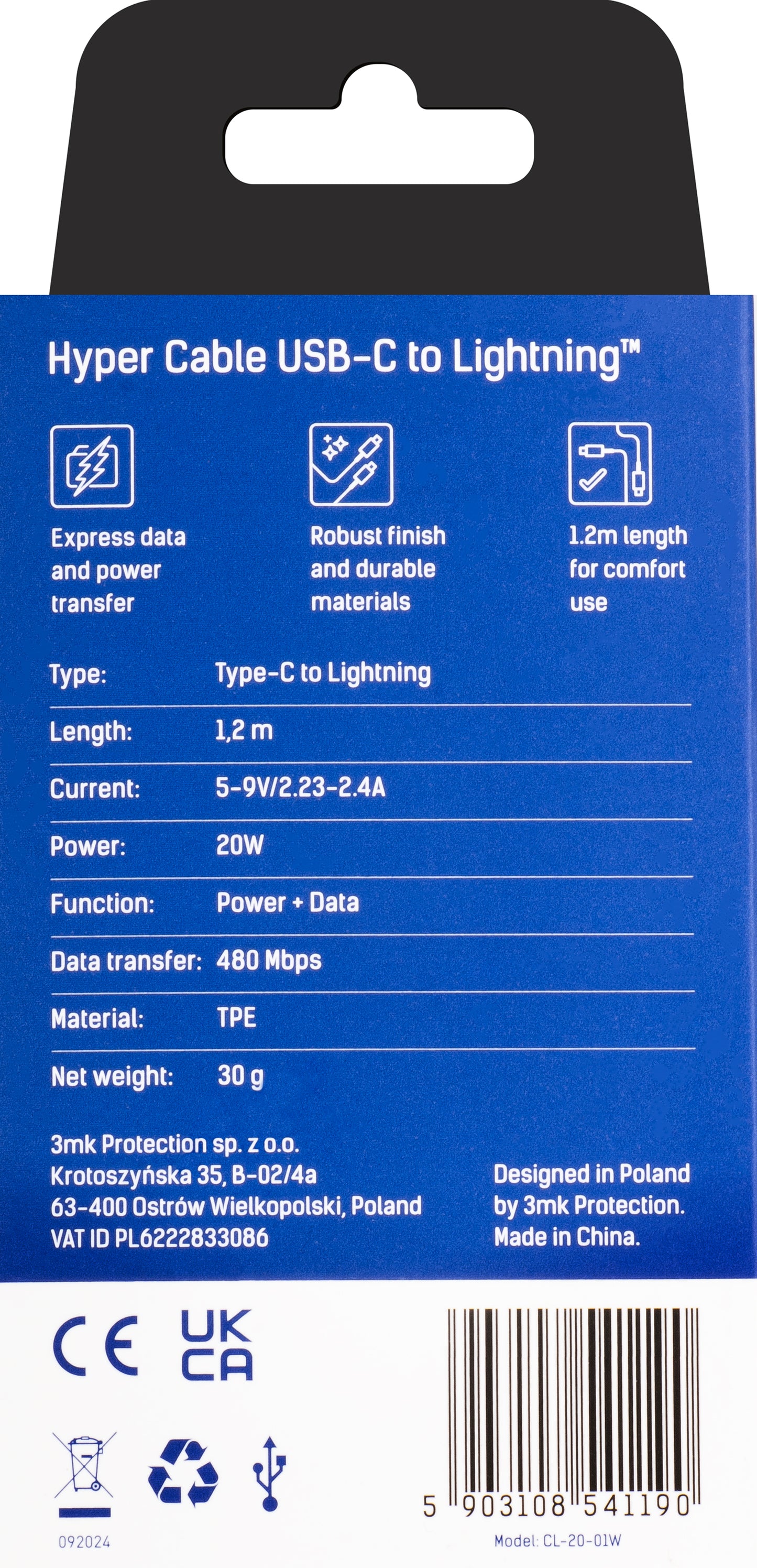 Data and Charging Cable USB-C - Lightning 3MK Hyper, 20W, 1.2m, White 
