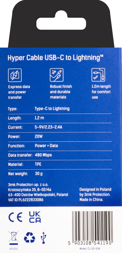 Data and Charging Cable USB-C - Lightning 3MK Hyper, 20W, 1.2m, White 
