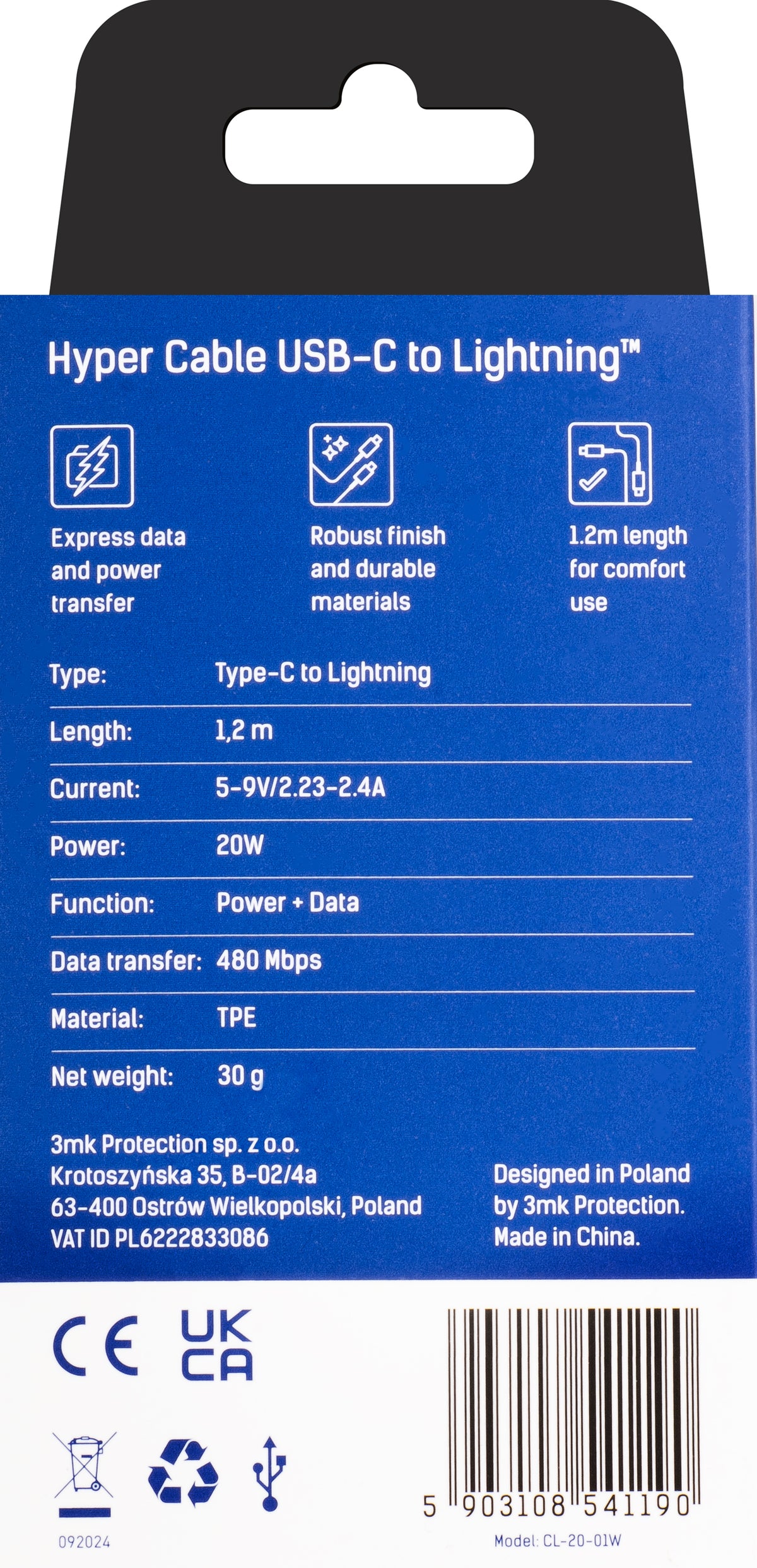 USB-C - Lightning kabl za prenos podataka i punjenje 3MK Hyper, 20W, 1.2m, Bela