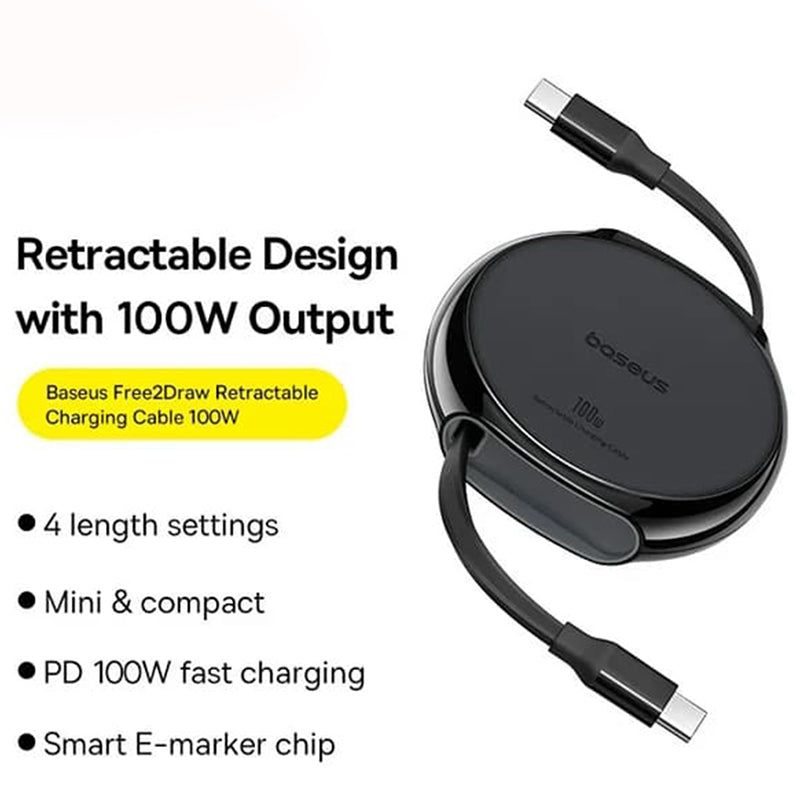 Kabl za podatke i punjenje USB-C - USB-C Baseus Pathfinder Retractable, 100W, 1m, Crni P10368400111-00