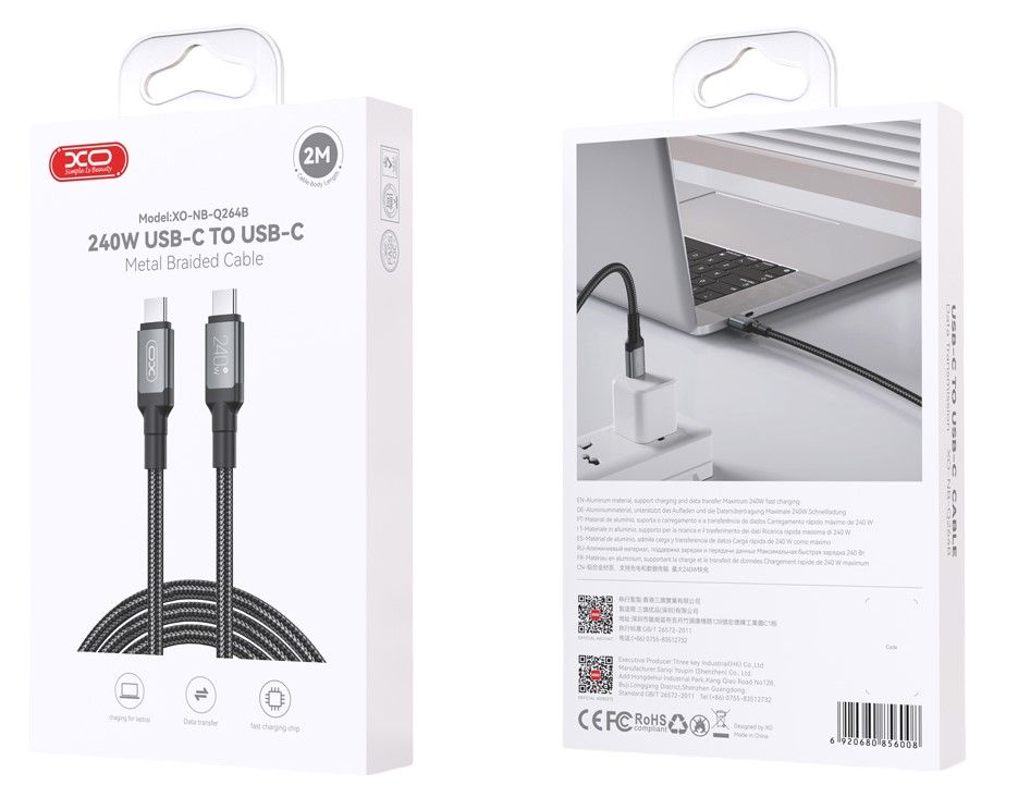 Kabl za podatke i punjenje USB-C - USB-C XO Design NB-Q264B, 240W, 2m, Crni