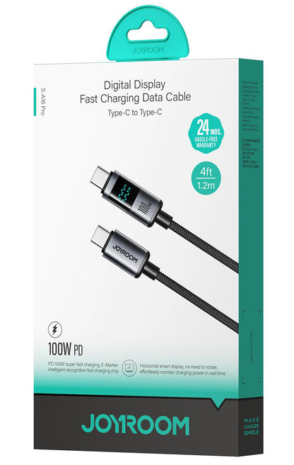 Kabl za Prenos Podataka i Punjenje USB-C - USB-C Joyroom S-A16 Pro Prism Display, 100W, 1.2m, Crni