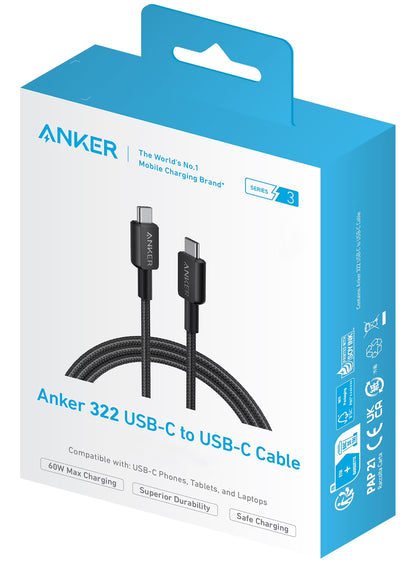 Kabl za prenos podataka i punjenje USB-C - USB-C Anker 322, 60W, 0.9m, Crni A81F5G11