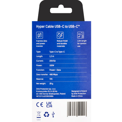 Kabl za prenos podataka i punjenje USB-C - USB-C 3MK Hyper, 100W, 1.2m, Crni