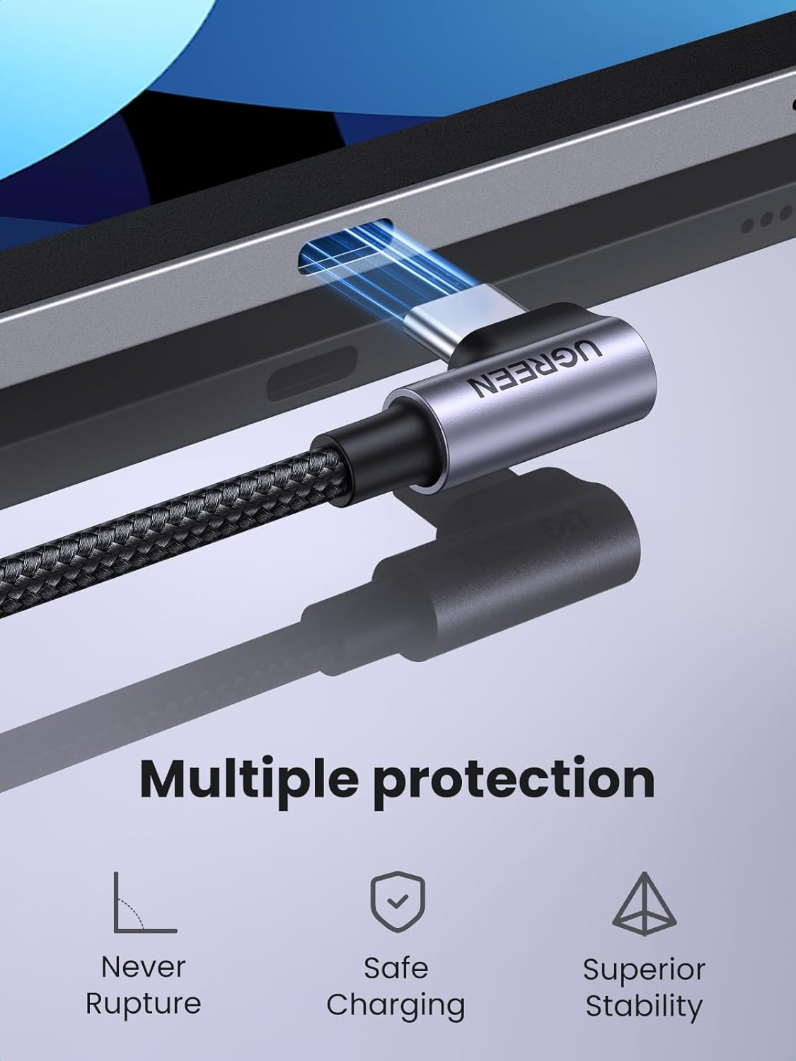 Kabl za prenos podataka i punjenje USB-C - USB-C UGREEN US255 Angled, 60W, 3m, Sivi