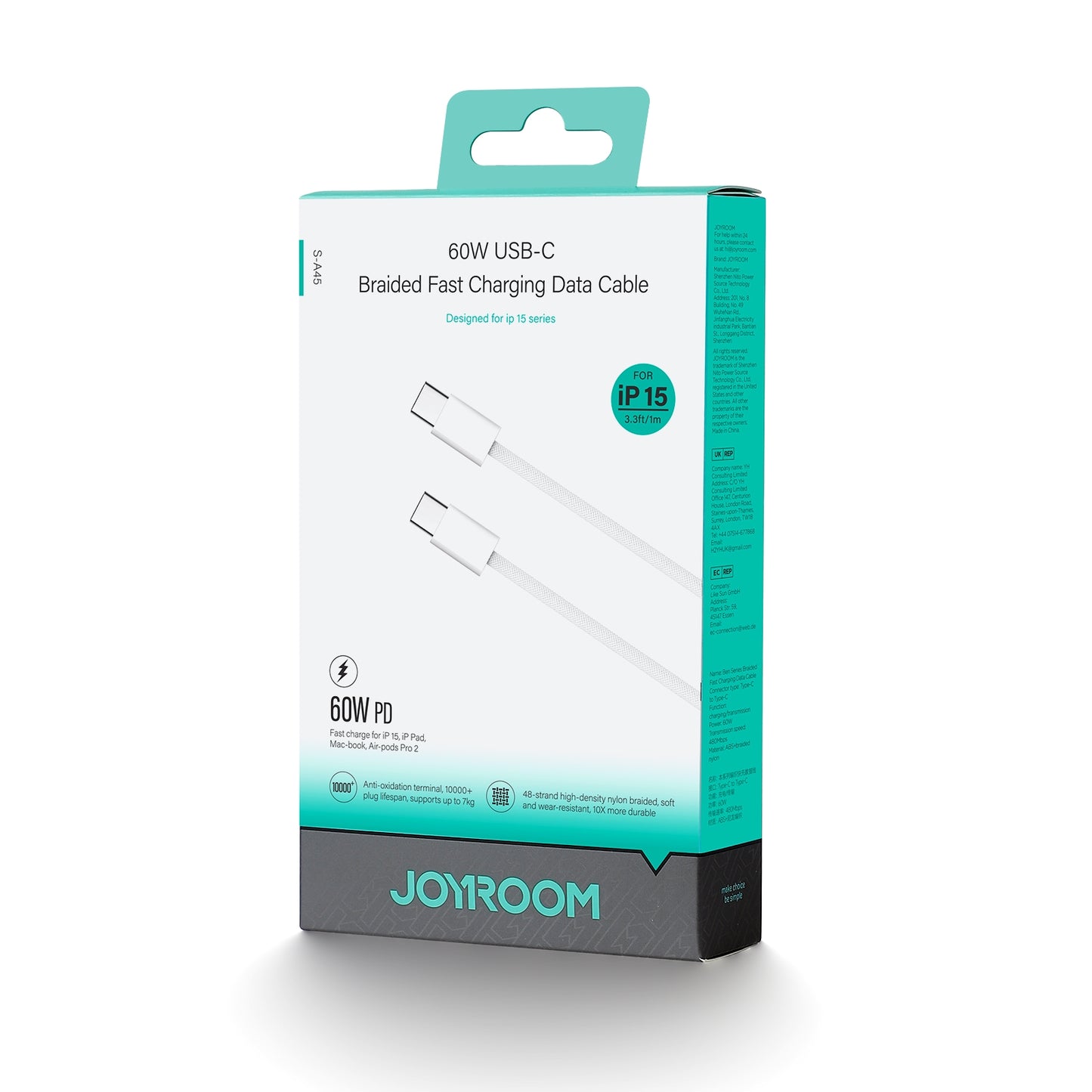 Kabl za Prenos Podataka i Punjenje USB-C - USB-C Joyroom S-A45, 60W, 1m, Beli