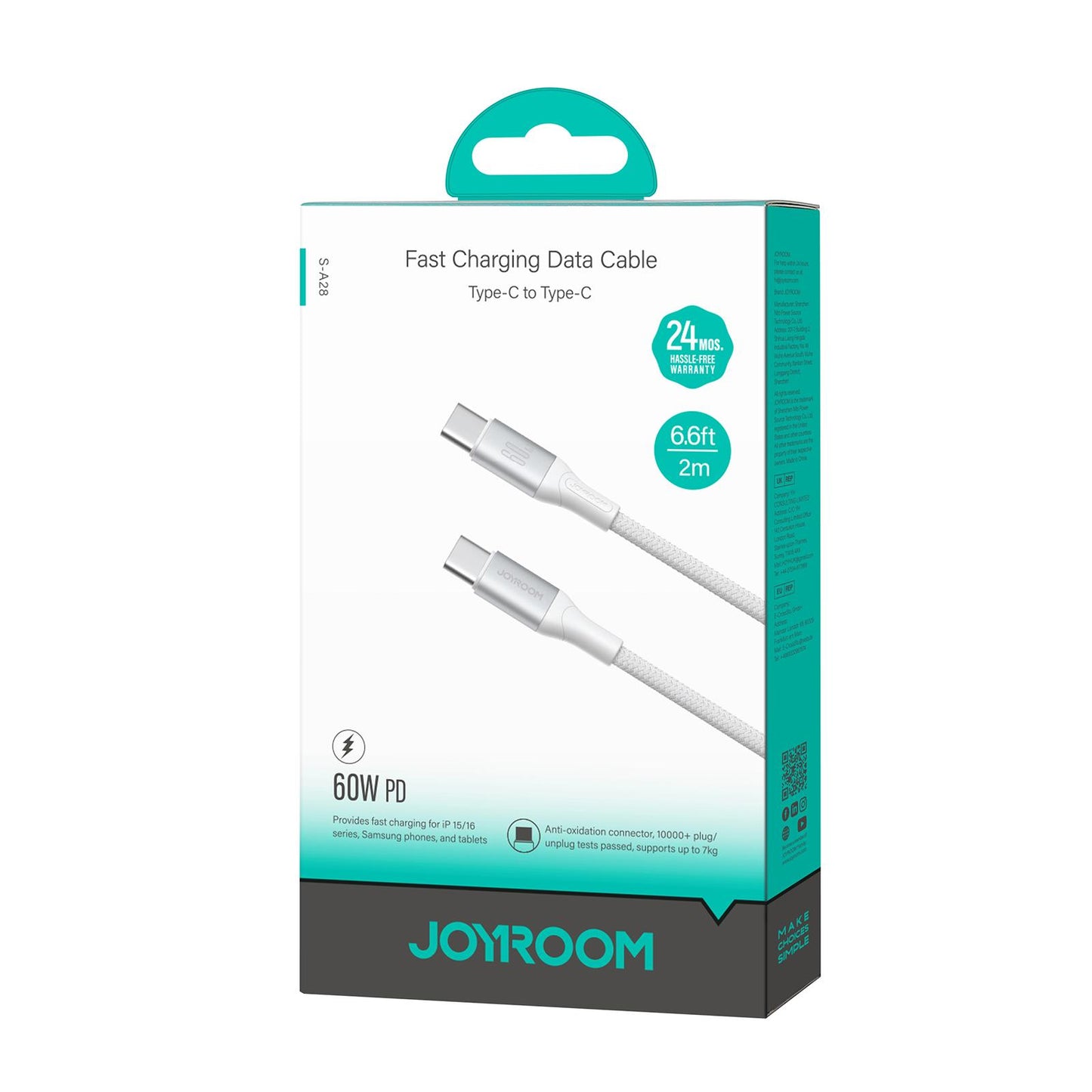 Kabl za prenos podataka i punjenje USB-C - USB-C Joyroom S-A28 Flash, 60W, 2m, Bela