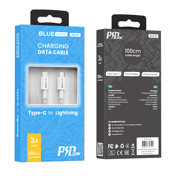 USB-C - Lightning Data and Charging Cable BLUE Power BBX36, 18W, 1m, White