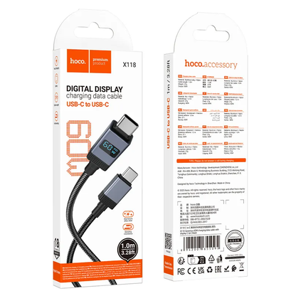 Kabl za podatke i punjenje USB-C - USB-C HOCO X118 Display, 60W, 1m, Crni