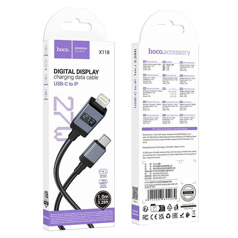 Kabl za podatke i punjenje USB-C - Lightning HOCO X118 Display, 27W, 1m, Crni