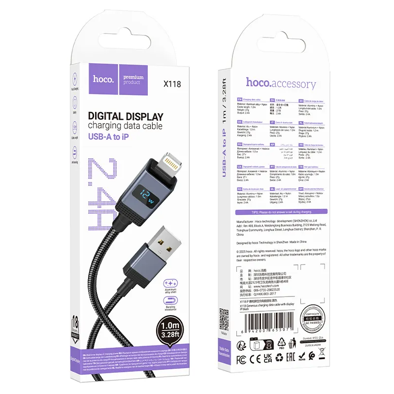 Kabl za Prenos Podataka i Punjenje USB-A - Lightning HOCO X118 Display, 12W, 1m, Crni