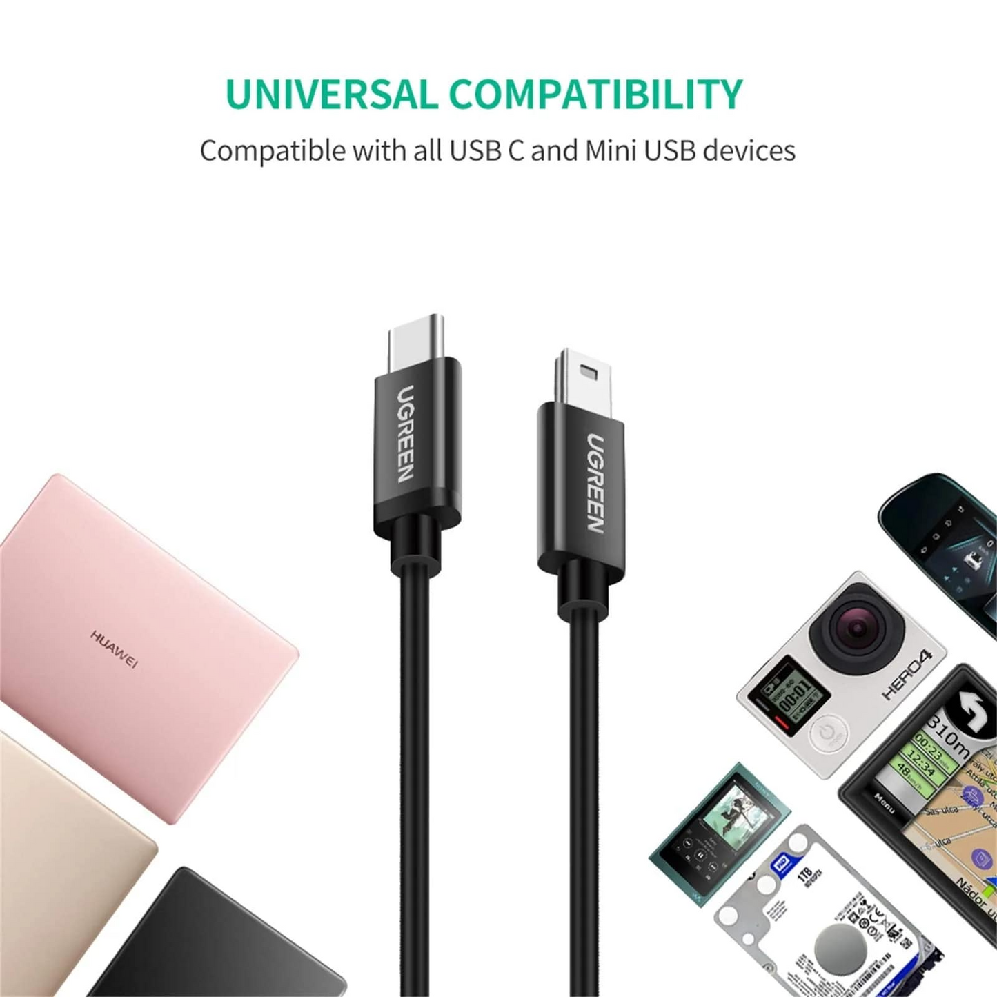 Kabl za podatke i punjenje USB-C - miniUSB UGREEN US242, 18W, 1m, Crni