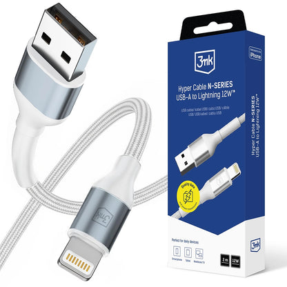 Kabl za podatke i punjenje USB-A - Lightning 3MK Hyper N, 12W, 2m, Beli