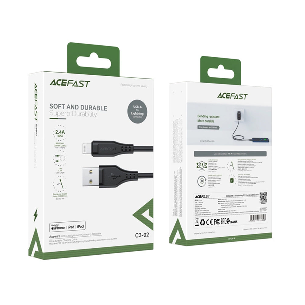 Kabl za prenos podataka i punjenje USB-A - Lightning Acefast C3-02, 18W, 1.2m, Crni