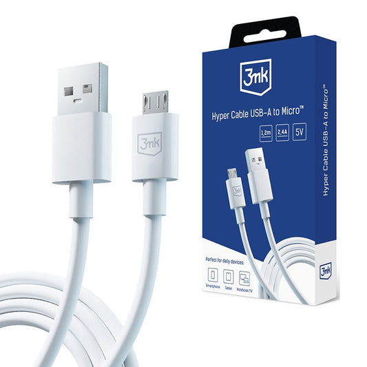 Kabl za podatke i punjenje USB-A - microUSB 3MK Hyper, 18W, 1.2m, Bel