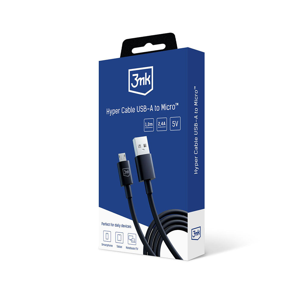 Kabl za podatke i punjenje USB-A - microUSB 3MK Hyper, 18W, 1.2m, Crni