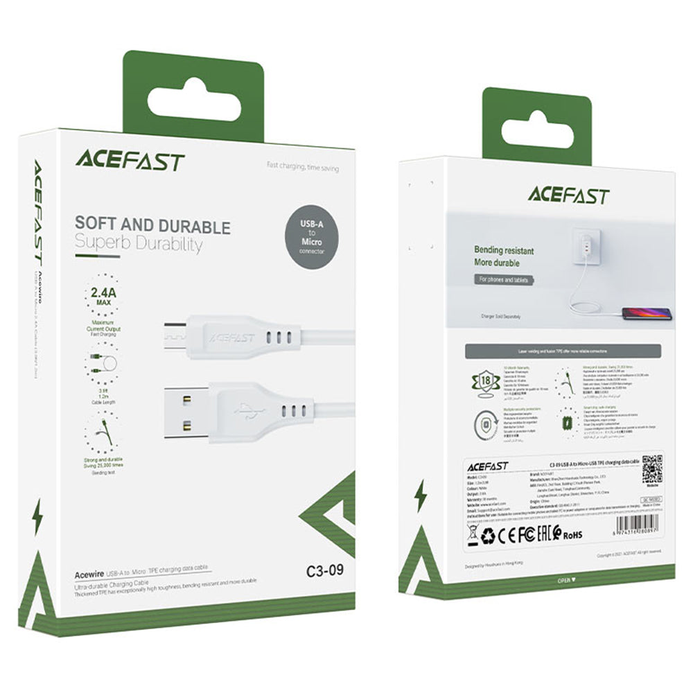 Kabl za podatke i punjenje USB-A - microUSB Acefast C3-09, 18W, 1.2m, Beli