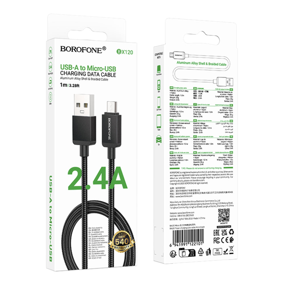 Kabl za prenos podataka i punjenje USB-A - microUSB Borofone BX120 Placer, 18W, 1m, Crni