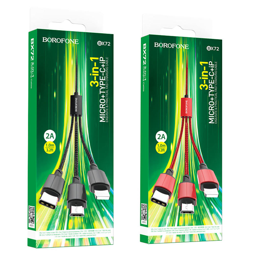 Kabl za punjenje USB-A - Lightning / microUSB / USB-C Borofone BX72, 18W, 1m, Crni
