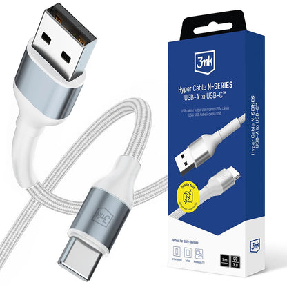 Kabl za Podatke i Punjenje USB-A - USB-C 3MK Hyper N, 18W, 1m, Beli