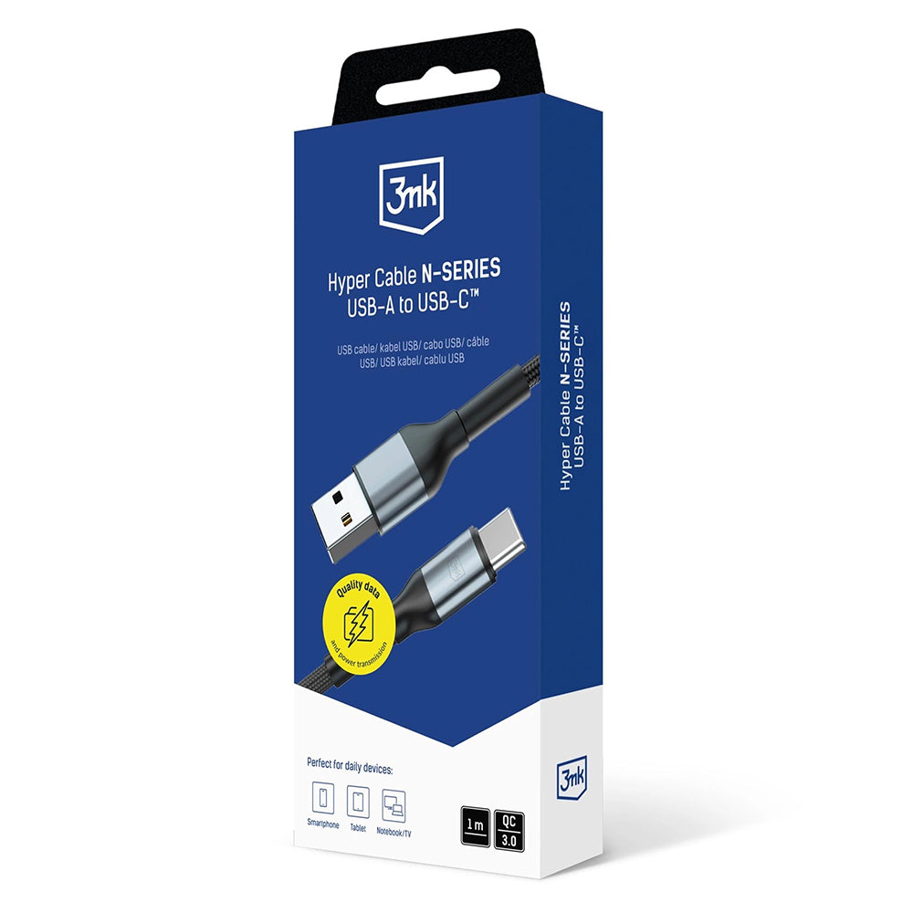 Kabl za podatke i punjenje USB-A - USB-C 3MK Hyper N, 18W, 1m, Crni