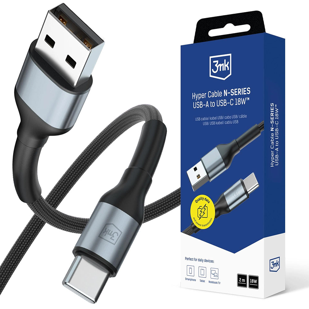 Kabl za podatke i punjenje USB-A - USB-C 3MK Hyper N, 18W, 2m, Crni
