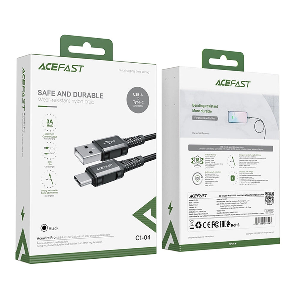 Kabl za prenos podataka i punjenje USB-A - USB-C Acefast C1-04, 18W, 1.2m, Crni
