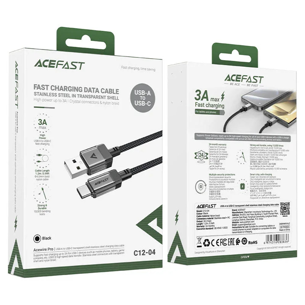 Kabl za podatke i punjenje USB-A - USB-C Acefast C12-04, 18W, 1.2m, Crni