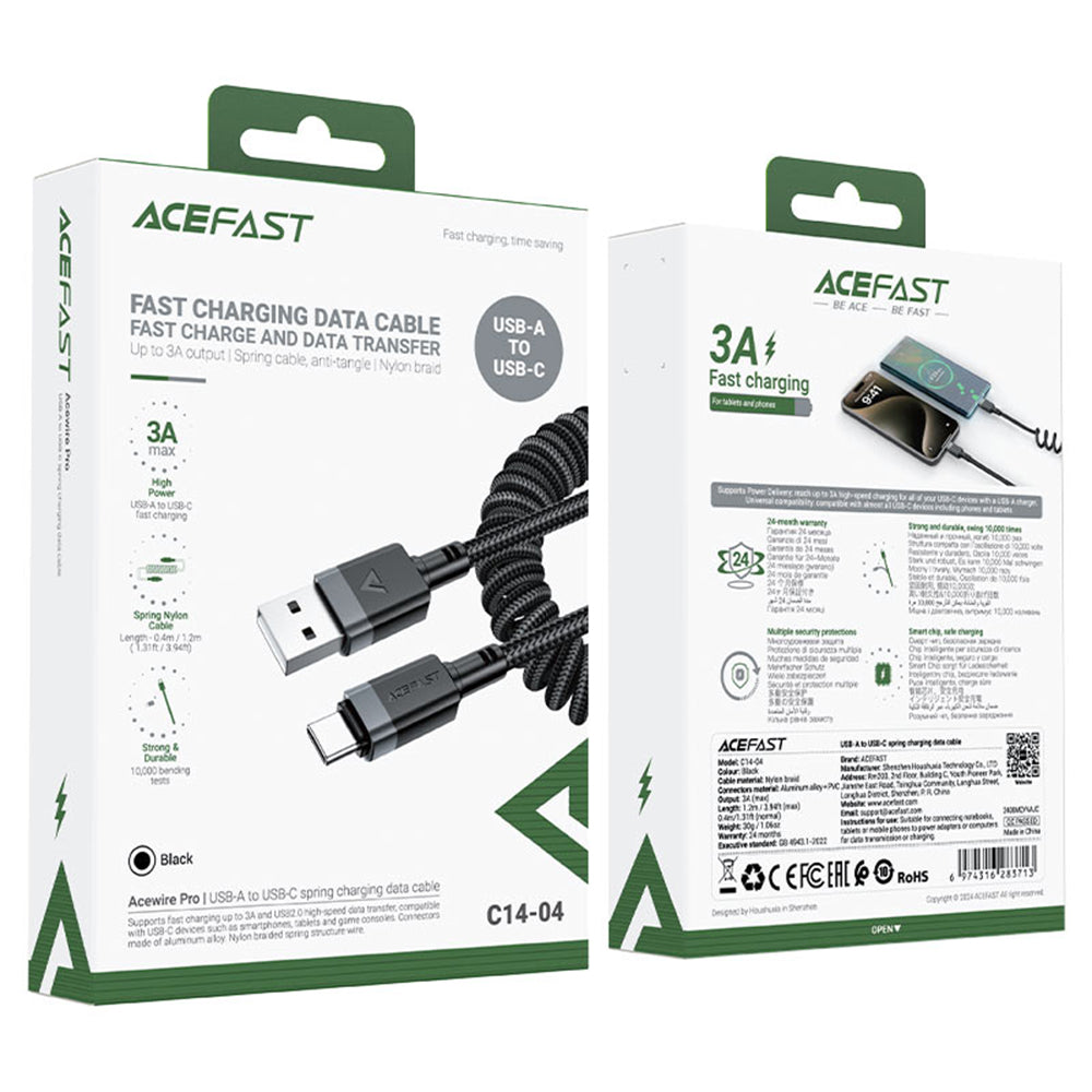 Kabl za Prenos Podataka i Punjenje USB-A - USB-C Acefast C14-04, 18W, 1.2m, Crni
