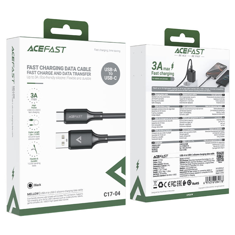 Kabl za prenos podataka i punjenje USB-A - USB-C Acefast C17-04, 18W, 1.2m, Crni