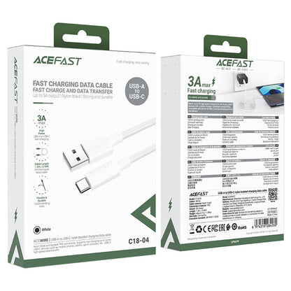 Kabl za prenos podataka i punjenje USB-A - USB-C Acefast C18-04, 18W, 1.2m, Beli
