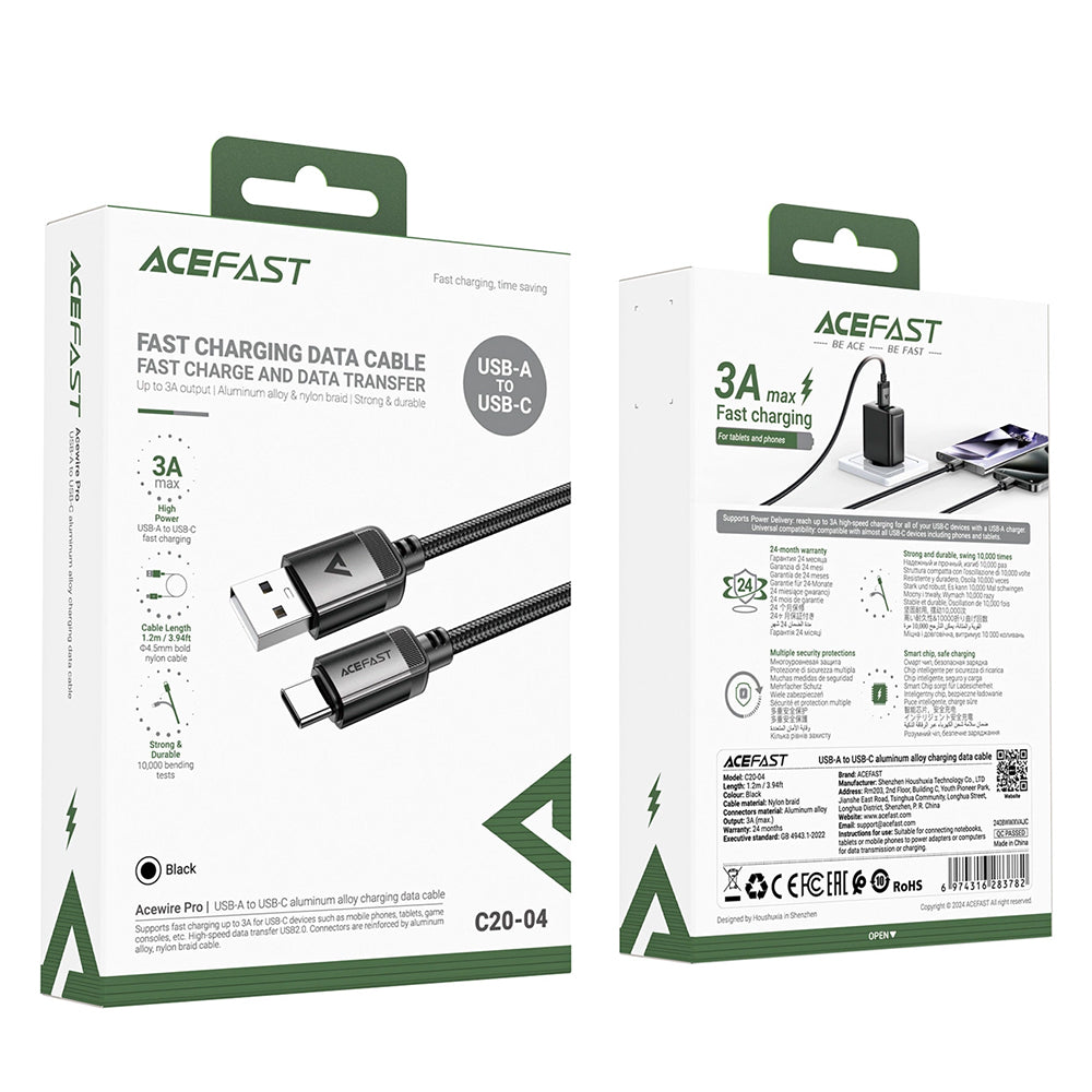 Kabl za podatke i punjenje USB-A - USB-C Acefast C20-04, 18W, 1.2m, Crni