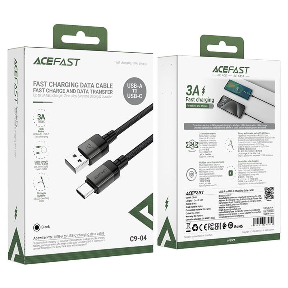 Kabl za podatke i punjenje USB-A - USB-C Acefast C9-04, 18W, 1.2m, Crni