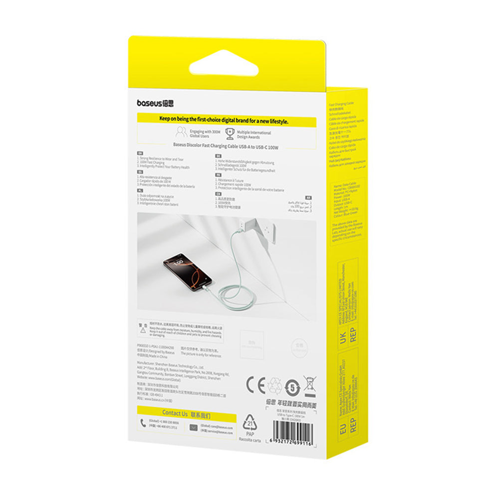 Kabl za podatke i punjenje USB-A - USB-C Baseus Discolor, 100W, 1m, Plavo Zelen E0420801